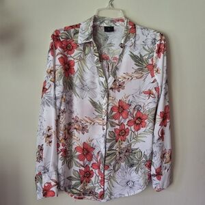 Worthington Floral Blouse Long Sleeved Button Up Long Flowy Exotic Flowers NICE!